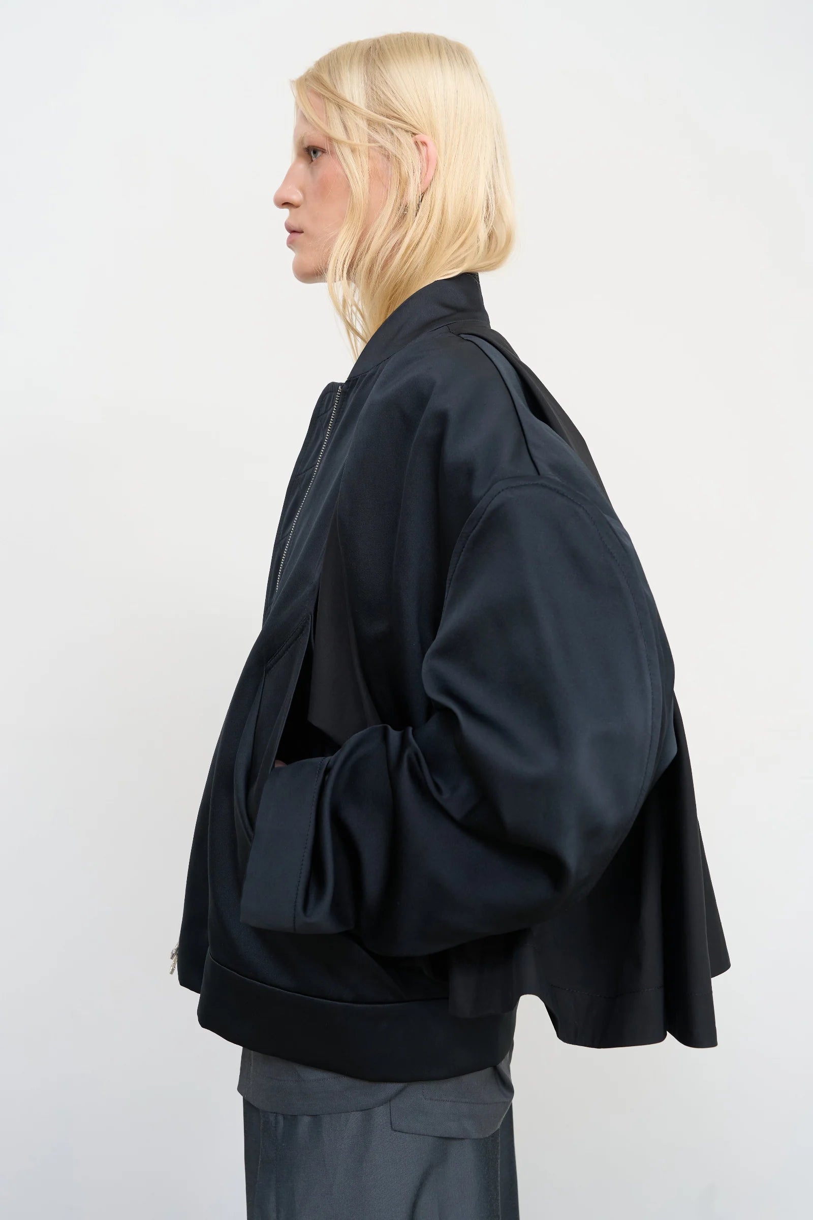 BLACK CAPE OVERLAY BOMBER JACKET