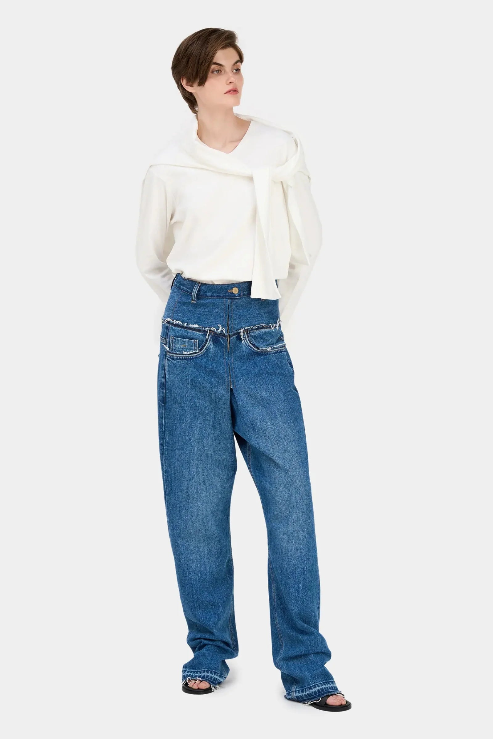 GREY MID-RISE WIDE-LEG JEANS