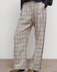 CHECKED PANTS WITH FRAYED-EDGE SIDE STRIPES