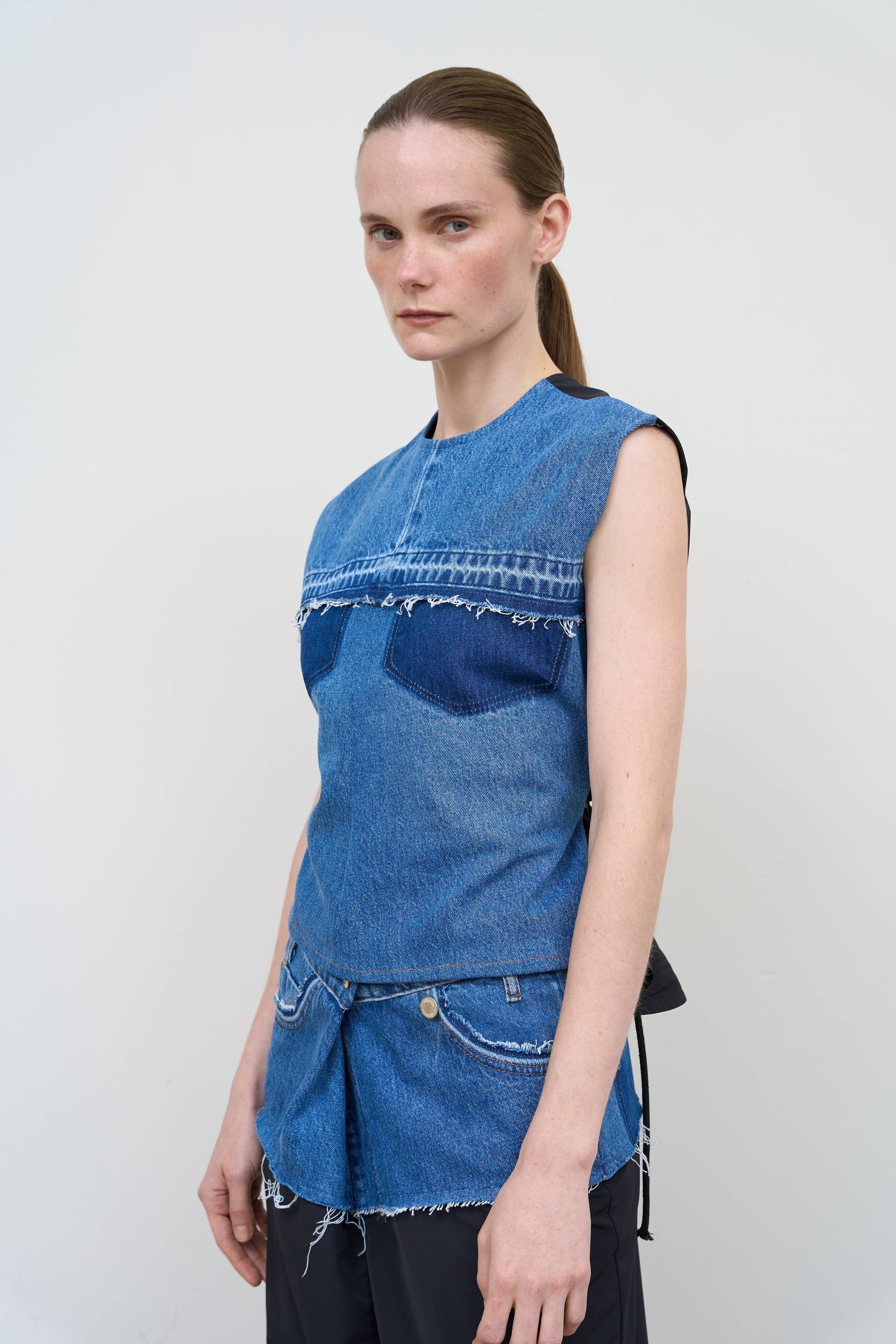 Contrasting Denim Top with Adjustable Fit