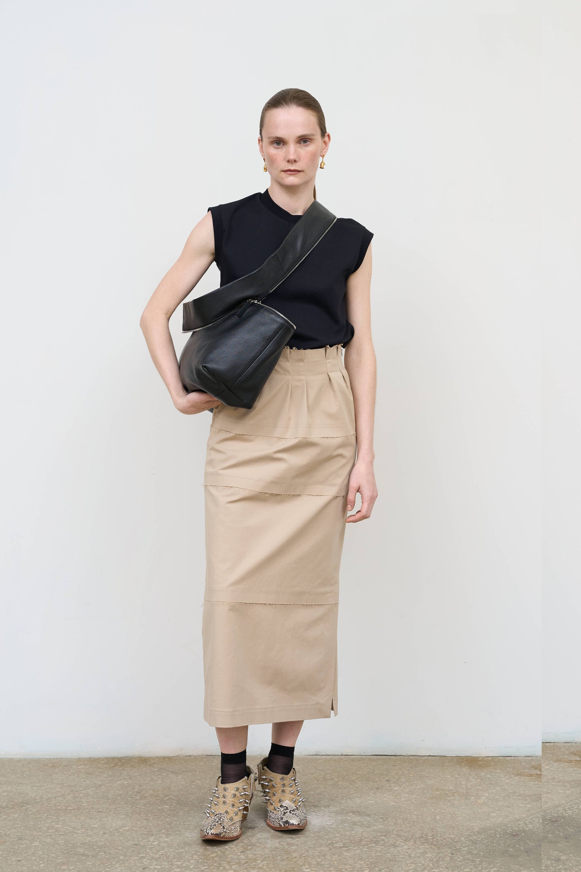 Cotton-Blend Midi Skirt in Beige 1