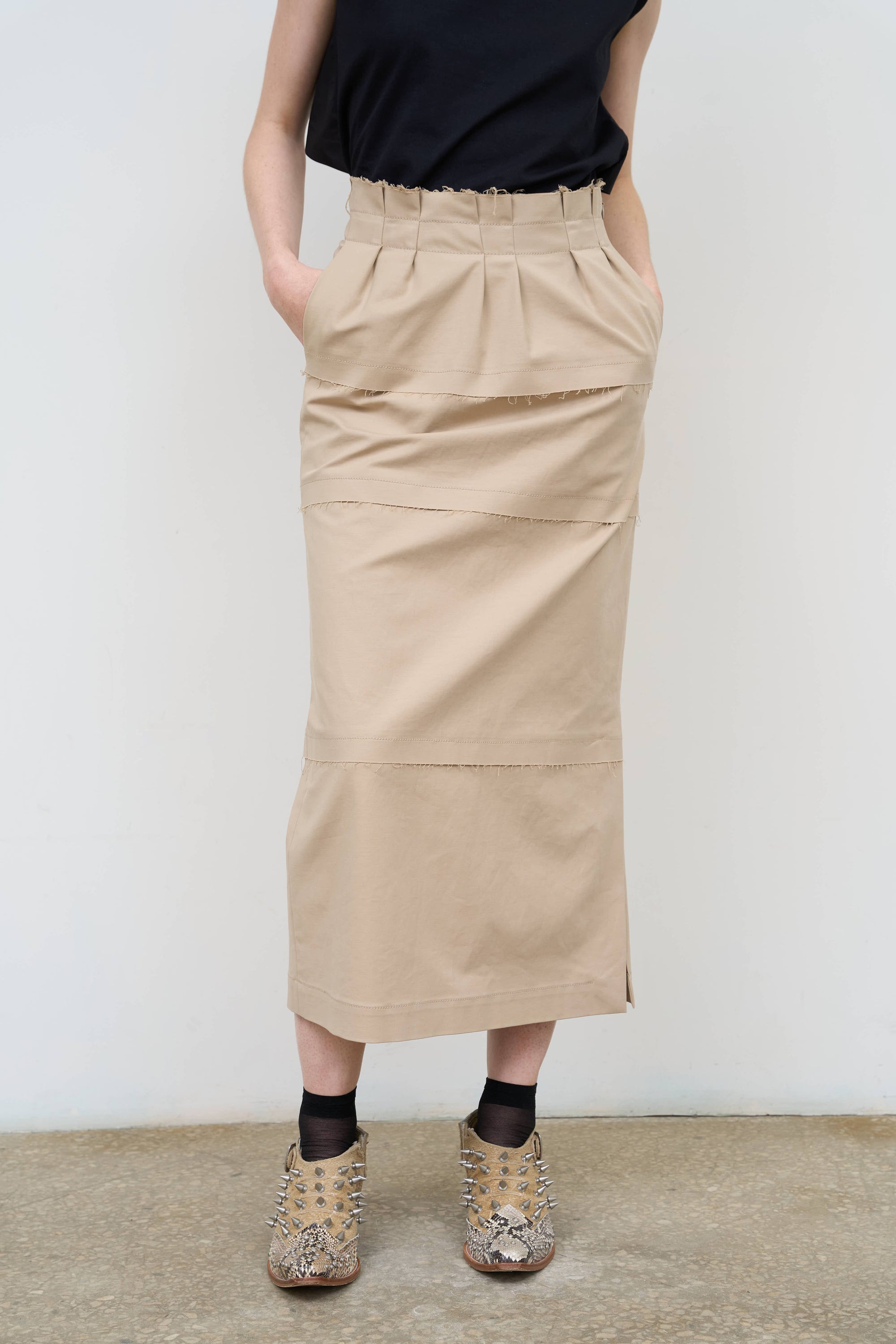Cotton-Blend Midi Skirt in Beige 2