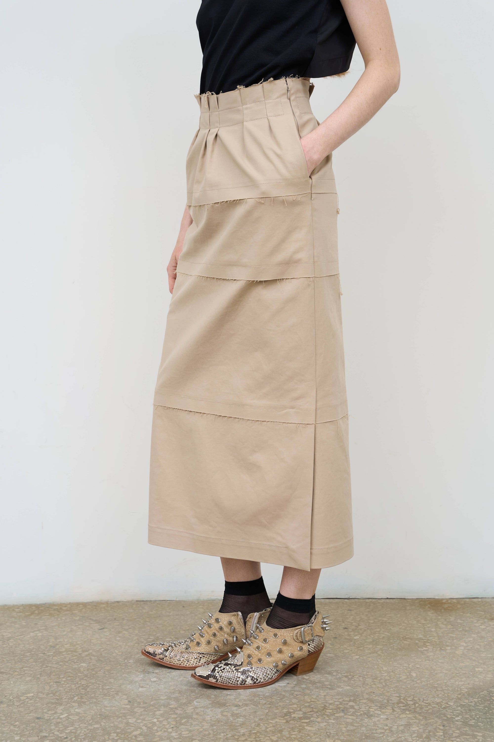 Cotton-Blend Midi Skirt in Beige 3