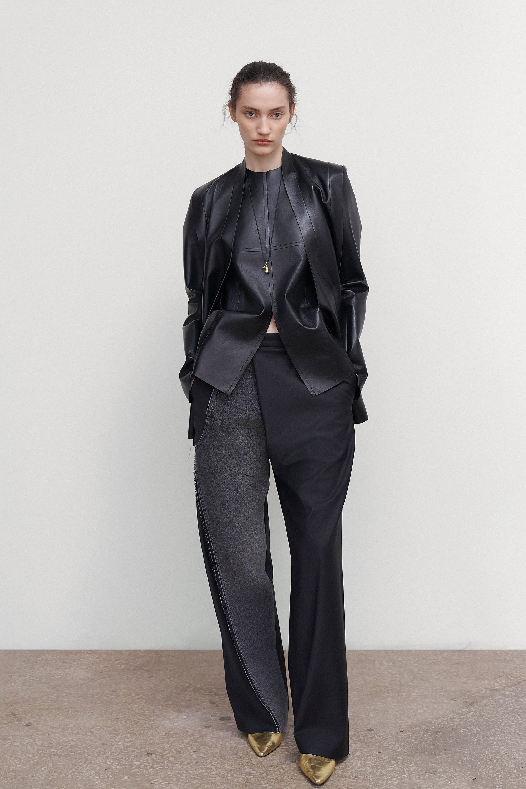 DECONSTRUCTED OFFSET-ZIP PANTS WITH DENIN PANEL