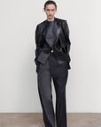 DECONSTRUCTED OFFSET-ZIP PANTS WITH DENIN PANEL