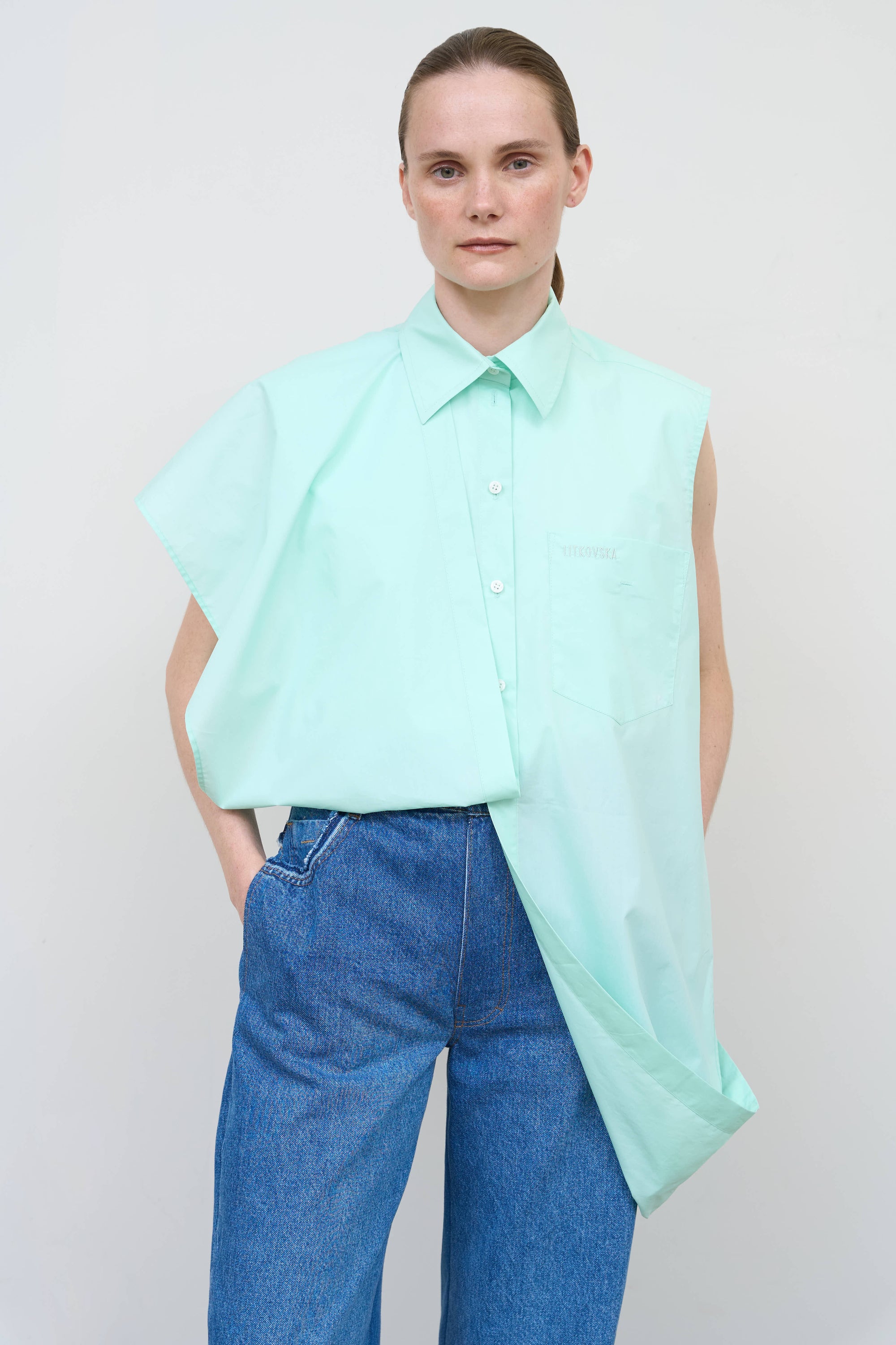 Deconstructed Cotton Poplin Shirt in Mint 2