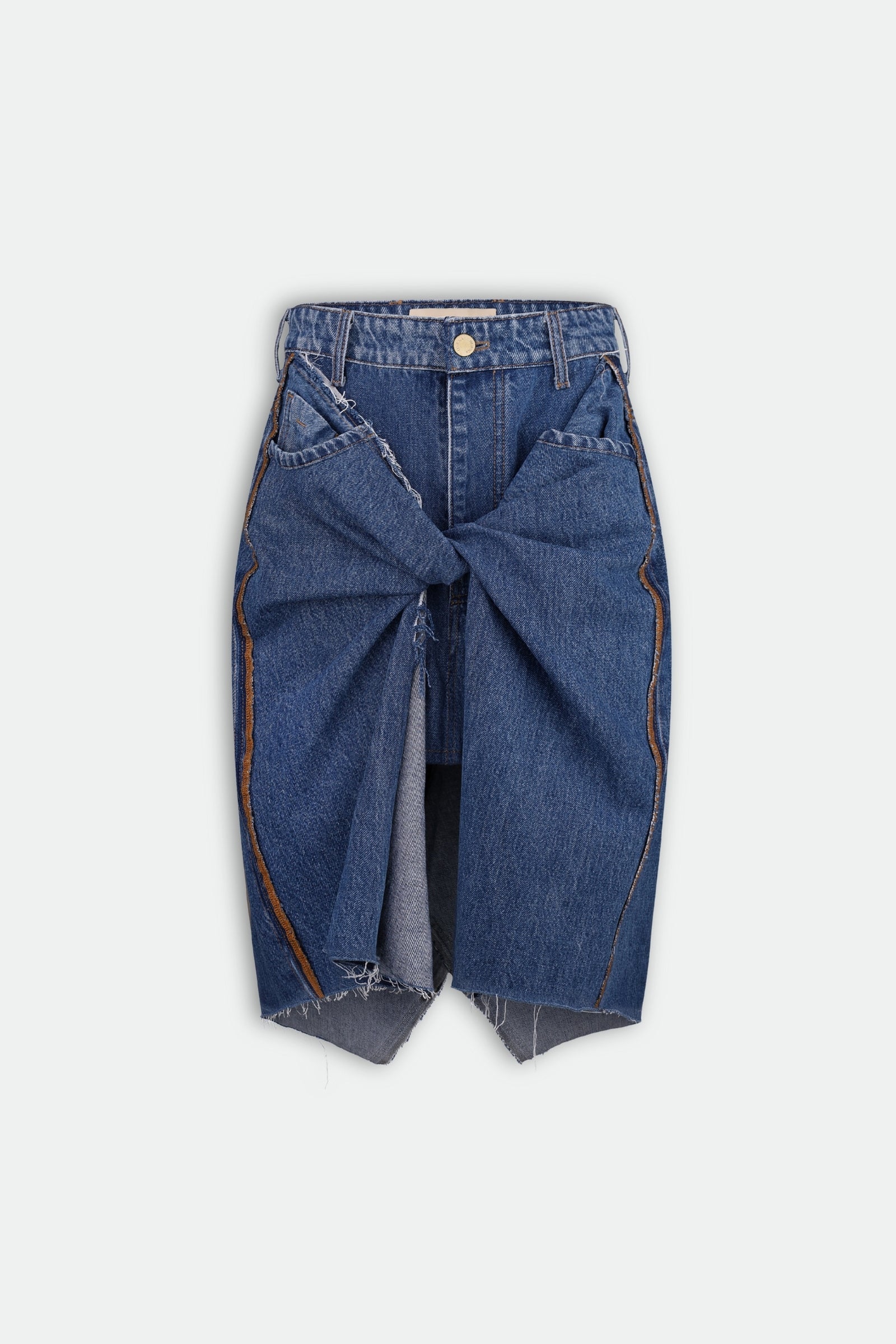 Джинсова міді-спідниця з перекрутом спереду