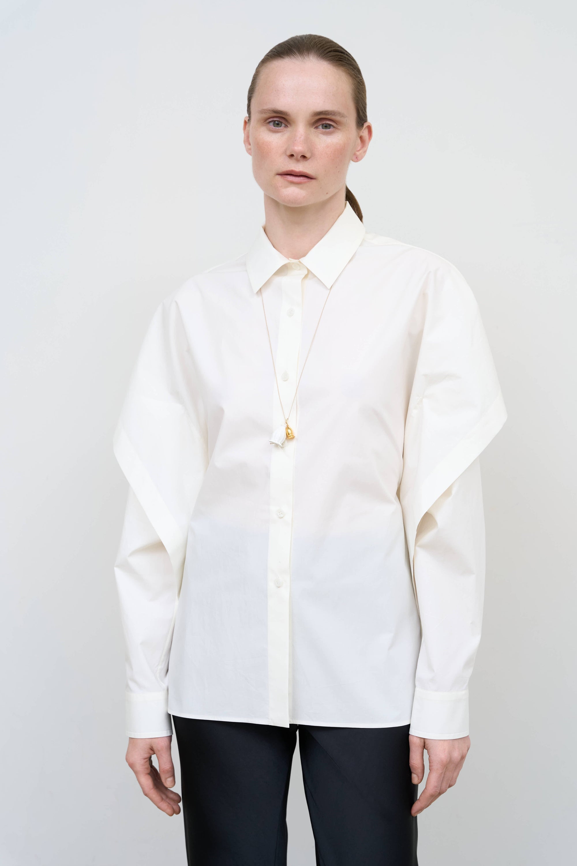 Fitted Shirt with Capelet Overlay and Open Back 2