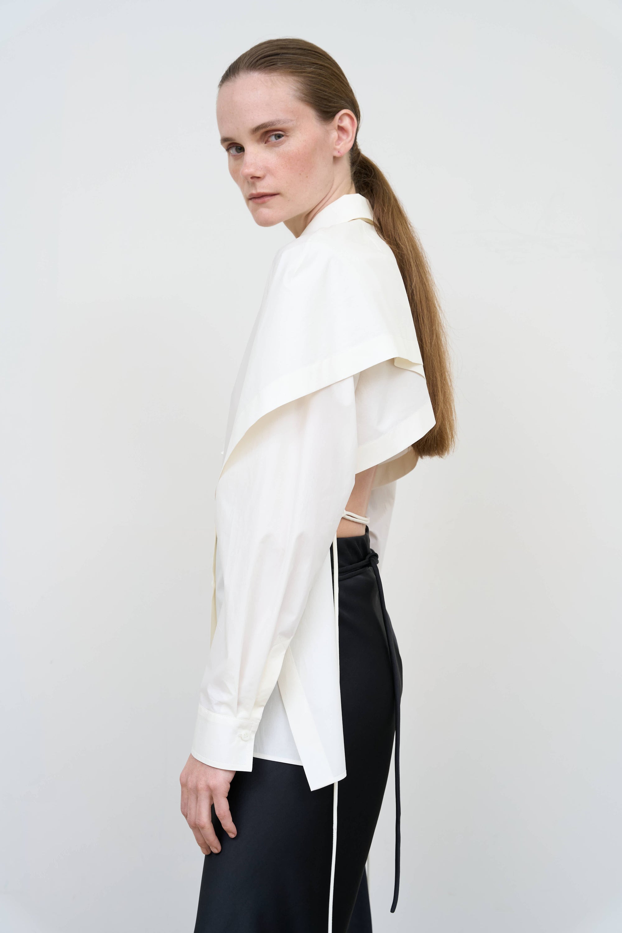 Fitted Shirt with Capelet Overlay and Open Back 4