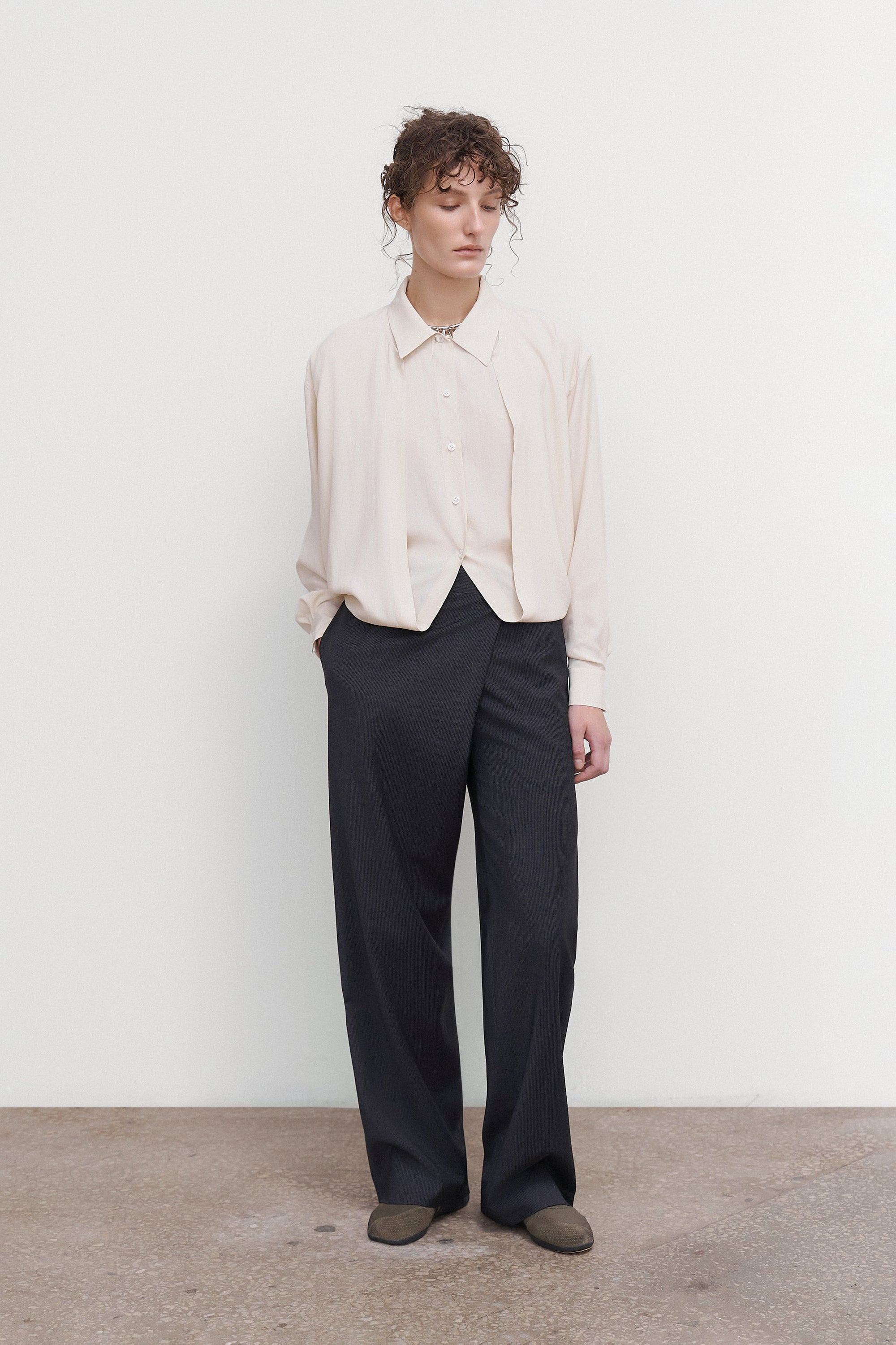 PINSTRIPED DECONSTRUCTED OFFSET-ZIP PANTS