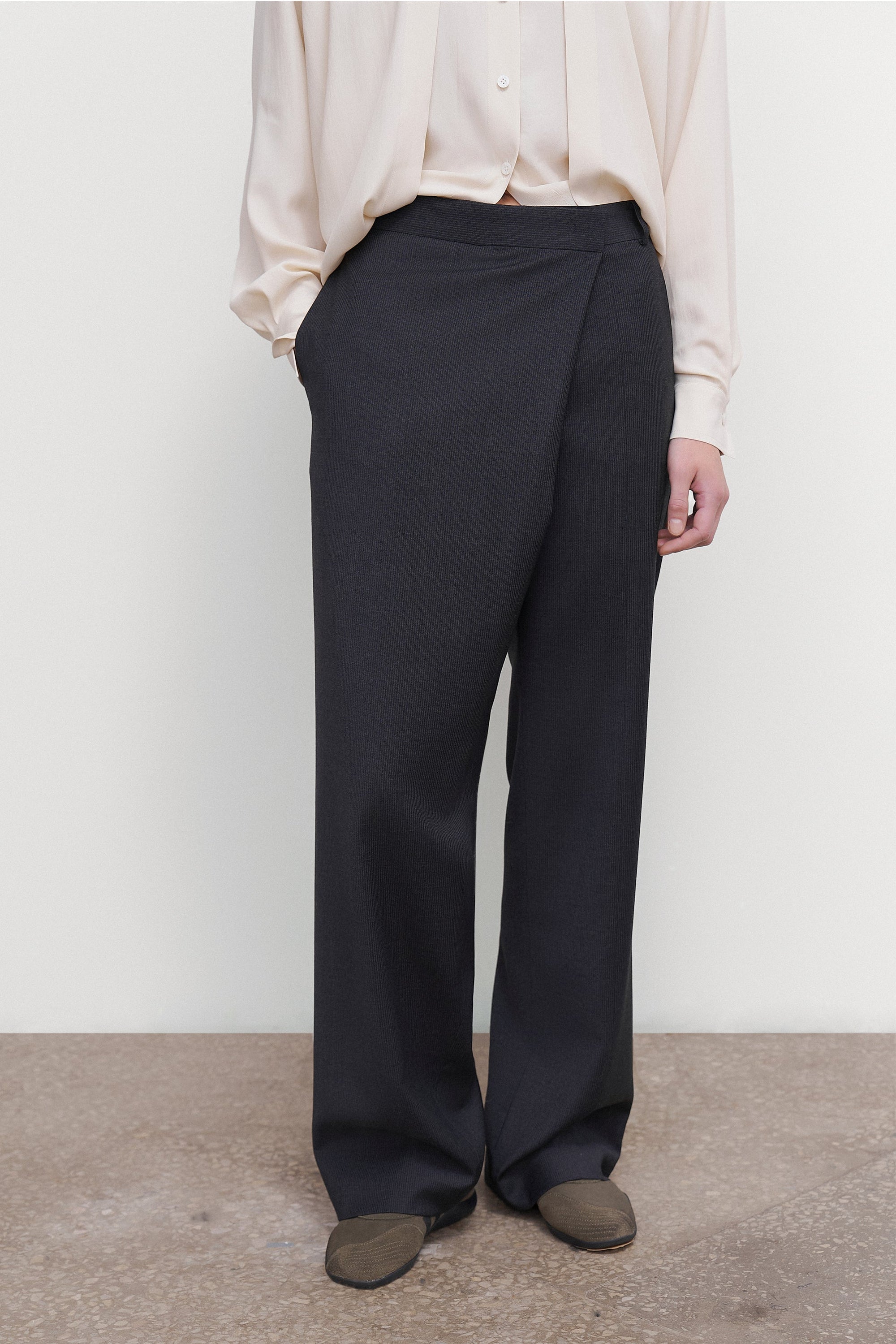 PINSTRIPED DECONSTRUCTED OFFSET-ZIP PANTS