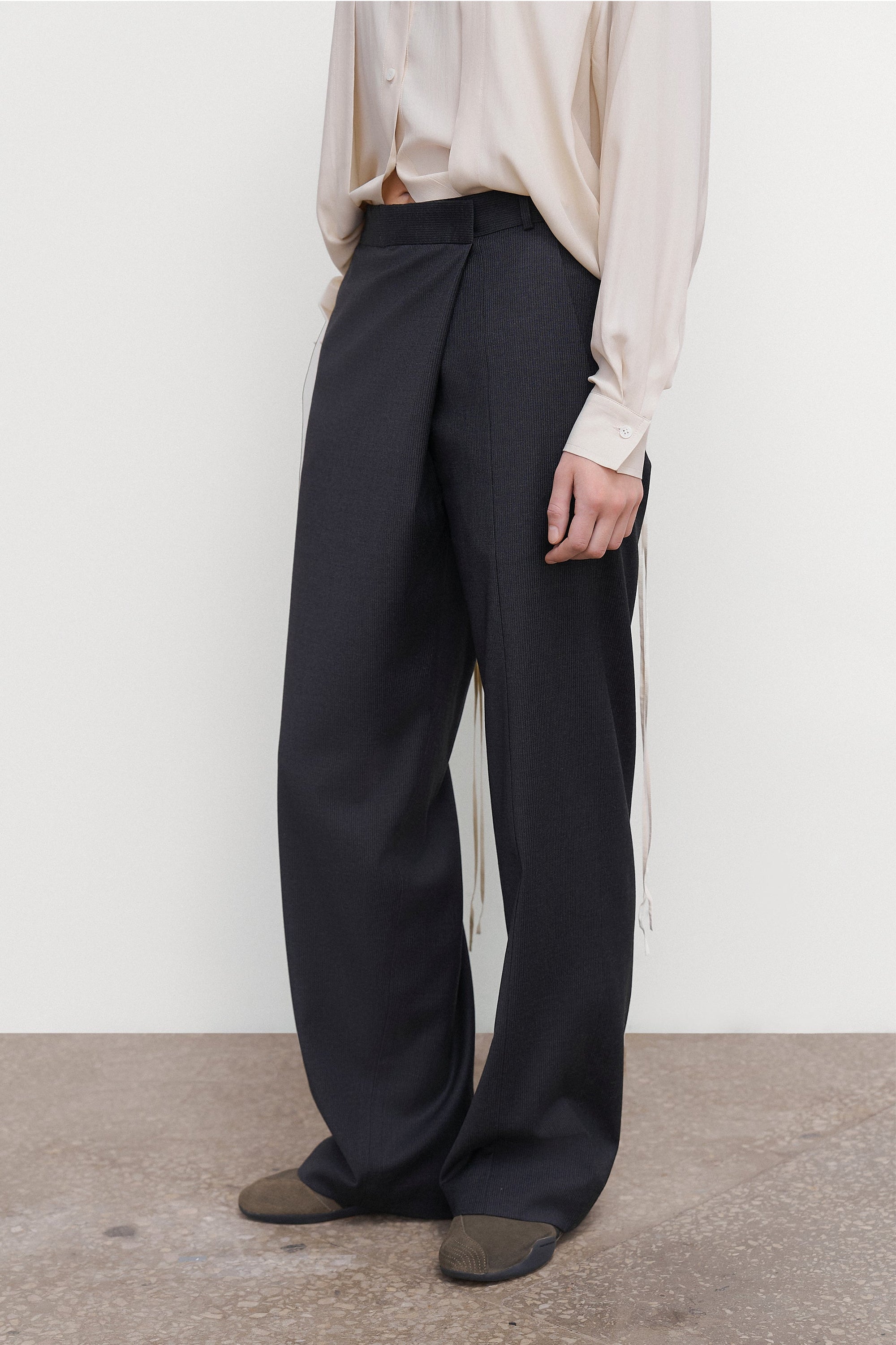 PINSTRIPED DECONSTRUCTED OFFSET-ZIP PANTS