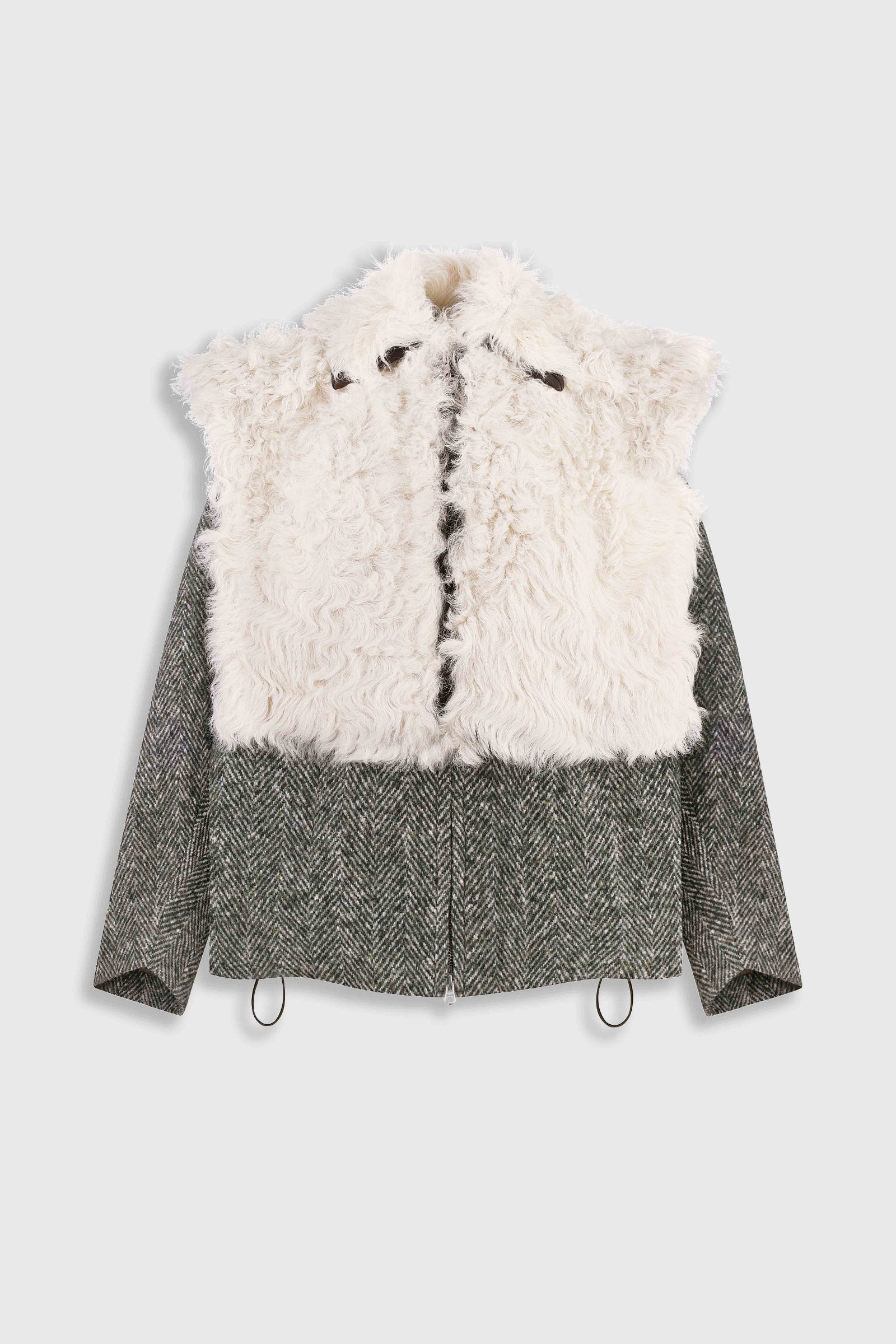 Зелений вовняний бомбер із оздобленням зі стриженого хутра