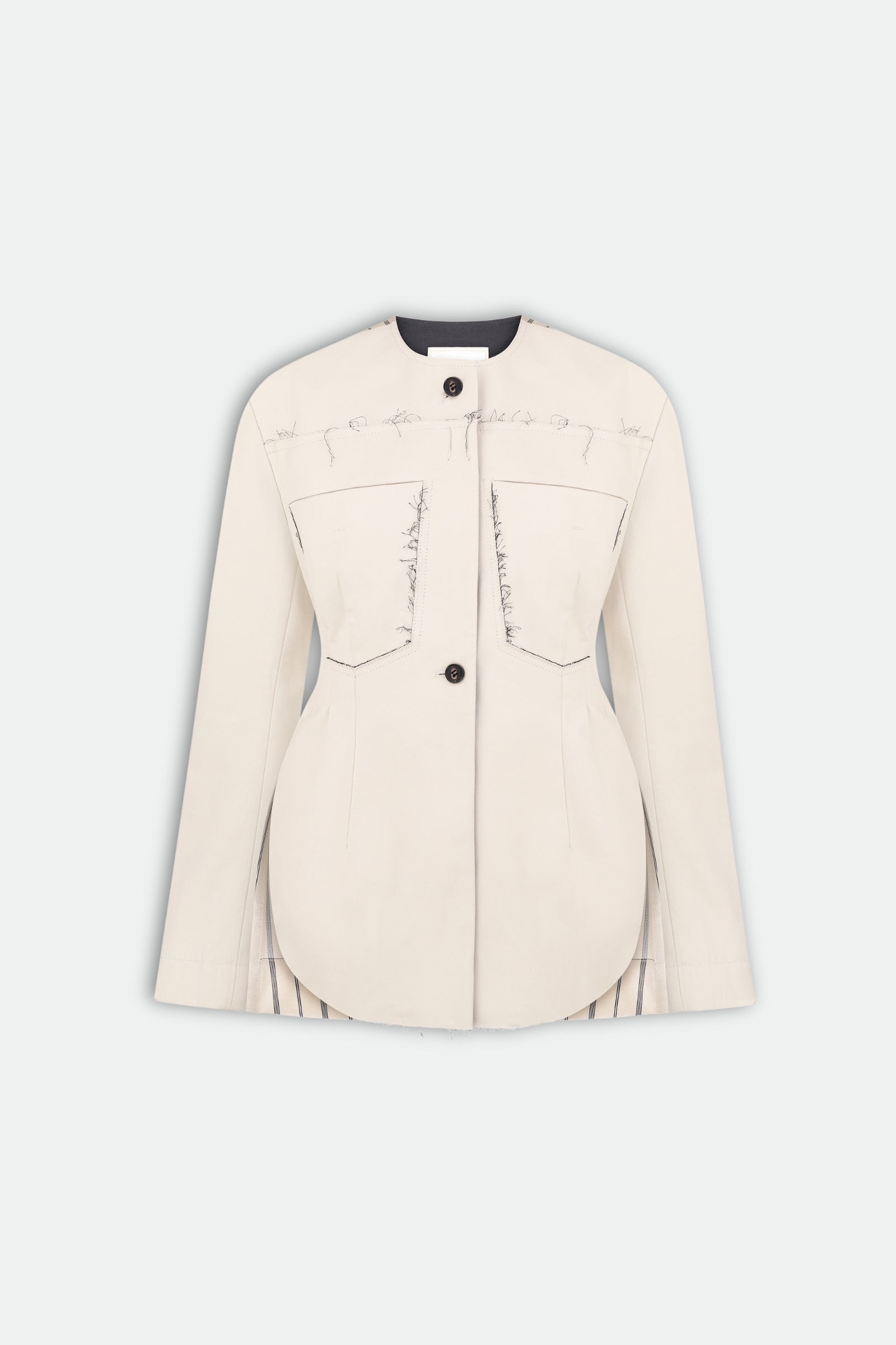 Джинсовий жакет з приталеним кроєм та деконструйованими краями з атласною спиною