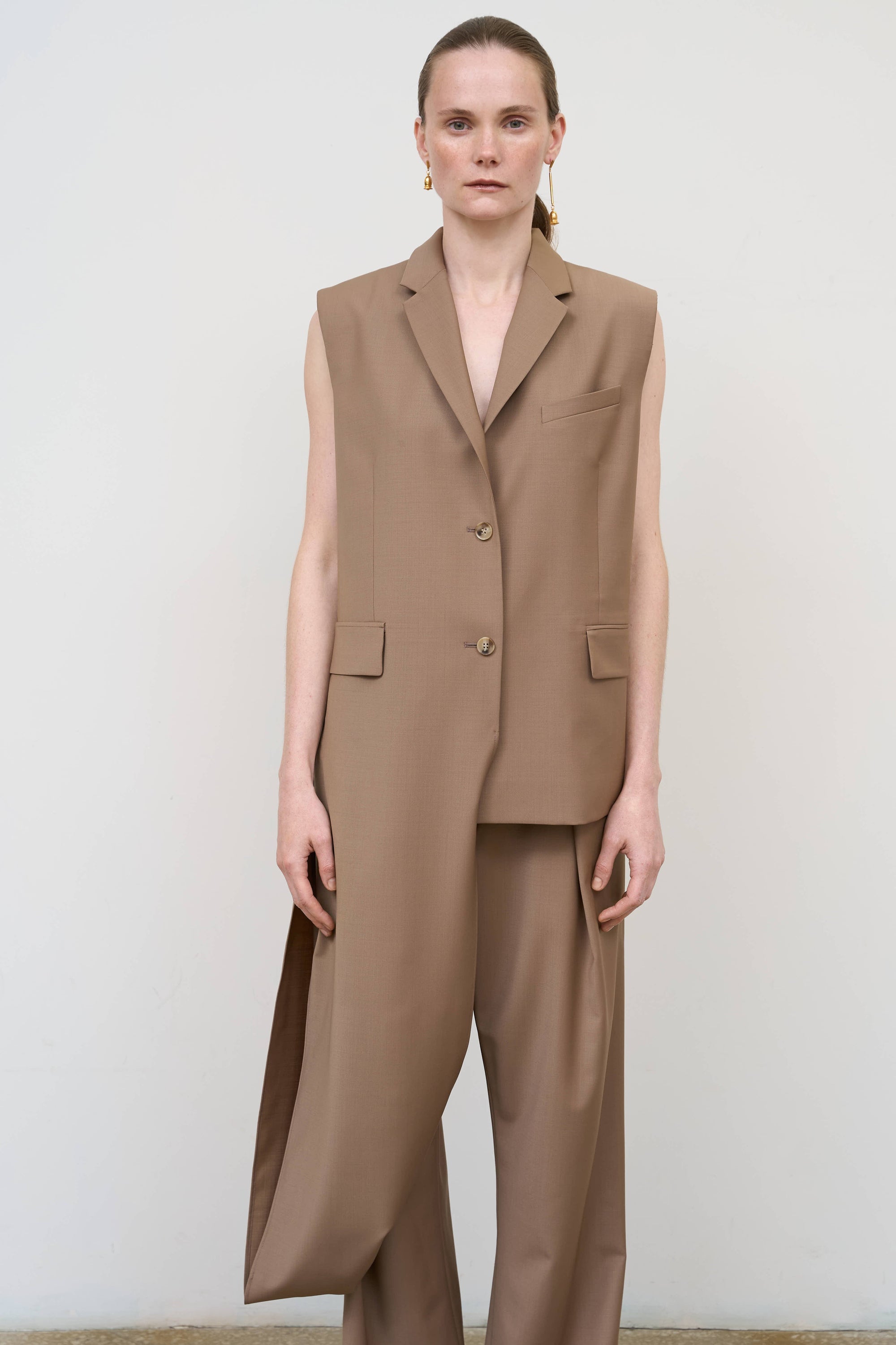 Wool Blend Deconstructed Vest with Scarf Detail in Beige 1