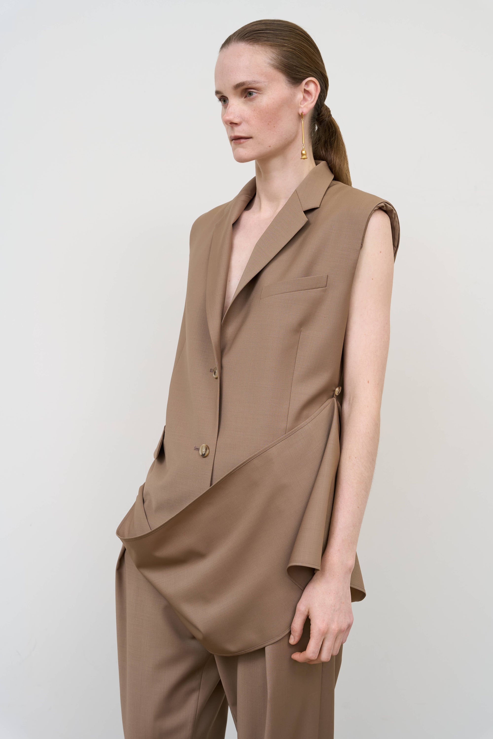 Wool Blend Deconstructed Vest with Scarf Detail in Beige 2