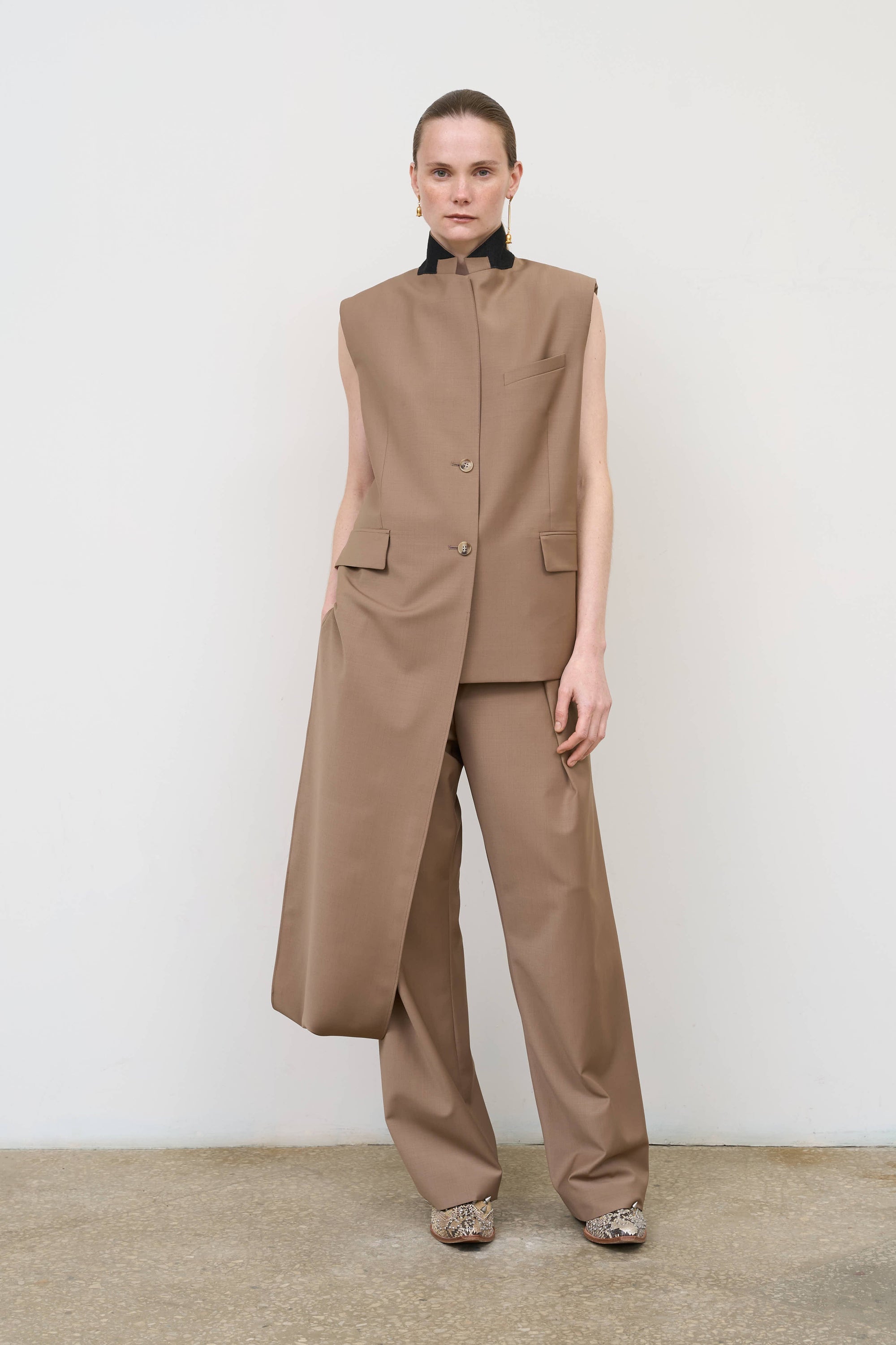 Wool Blend Deconstructed Vest with Scarf Detail in Beige