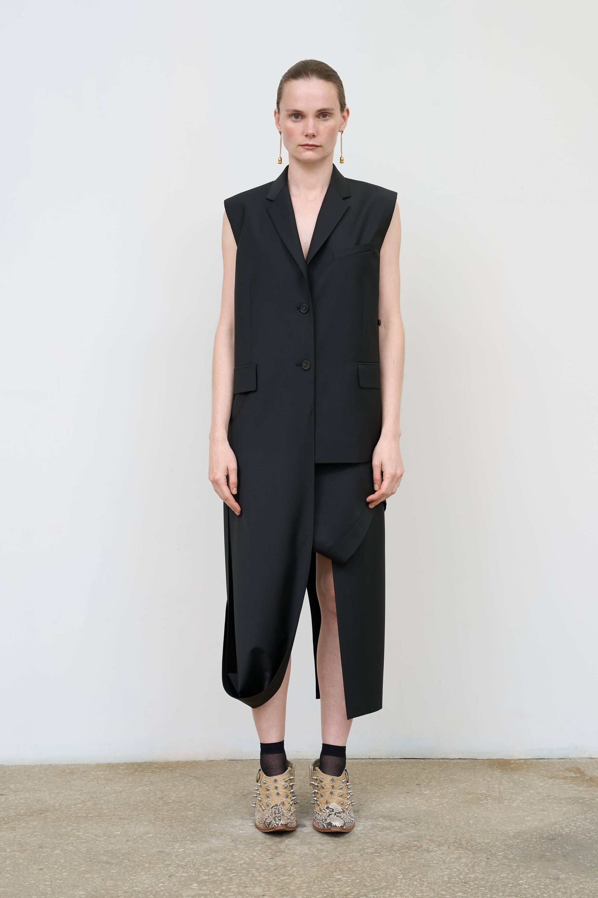 Wool Blend Deconstructed Vest with Scarf Detail in Black 4