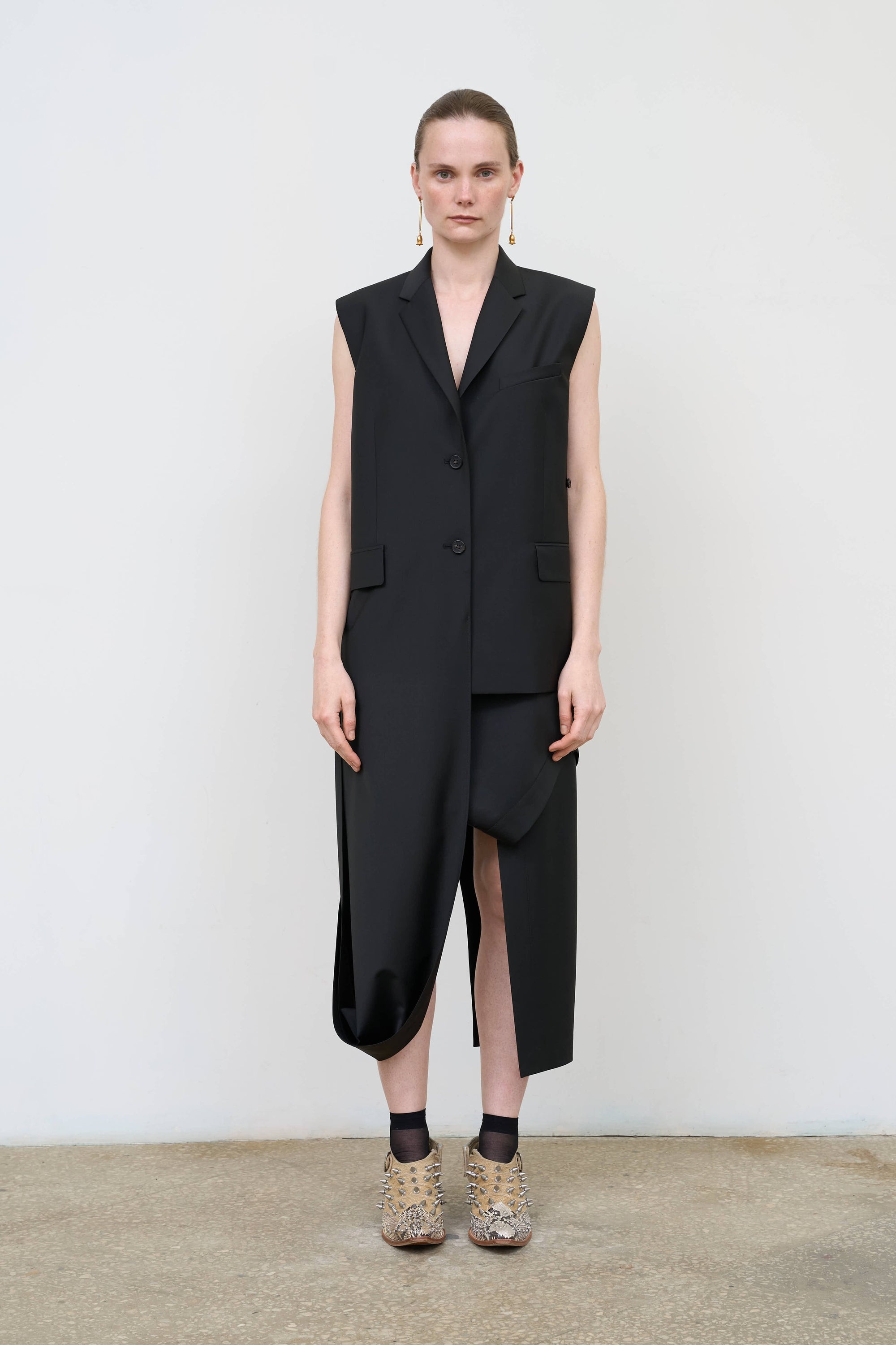 Wool Blend Deconstructed Vest with Scarf Detail in Black 2