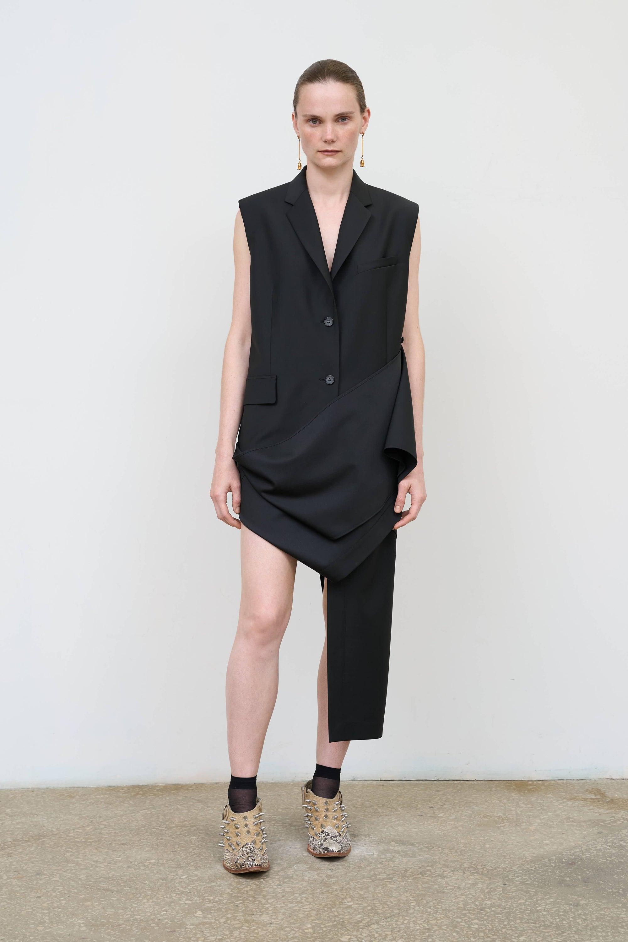 Wool Blend Deconstructed Vest with Scarf Detail in Black 3