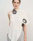 ASYMMETRIC EMBROIDERED HALTERNECK SCARF TOP